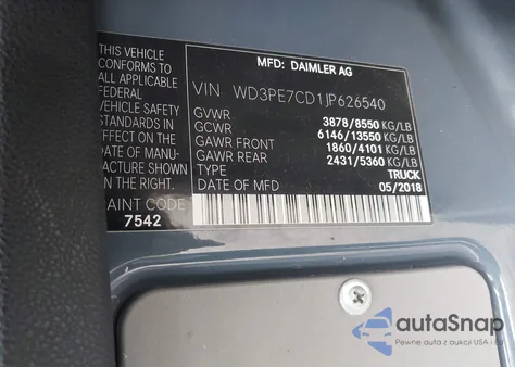 2018 Mercedes-Benz Sprinter 2500 Standard Roof V6 from USA, damaged, VIN WD3PE7CD1JP626540